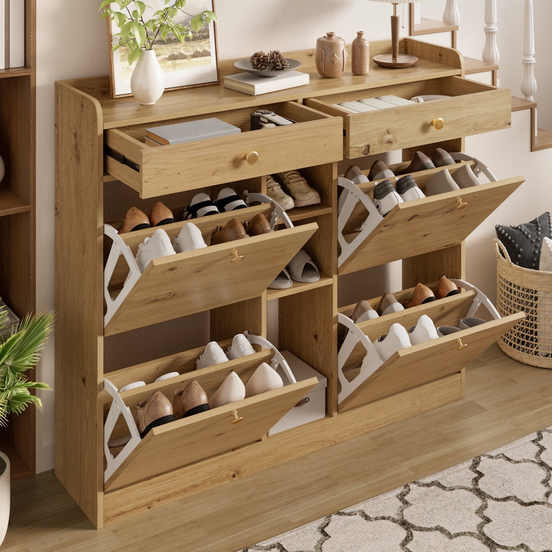 Shoe Cabinet with 4 Hinged Doors, 2 Drawers and 3 Open Compartments, 110x26x100cm, Wood Color