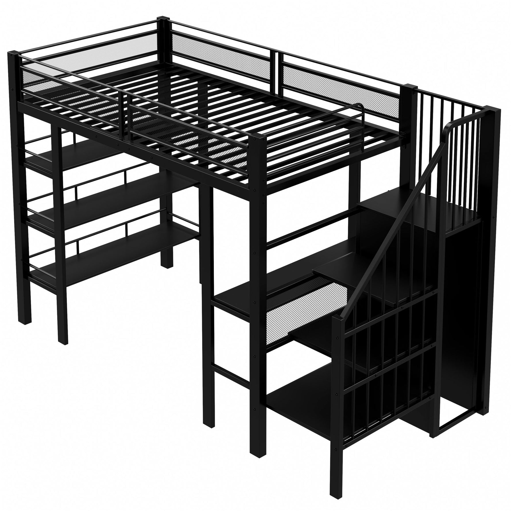 Loft Bed 90x200 LED Light Socket Storage Bookshelf - Black
