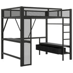 Metal Play Loft Bed with USB, LED, Desk and Wardrobe, 140x200cm, Black Metal