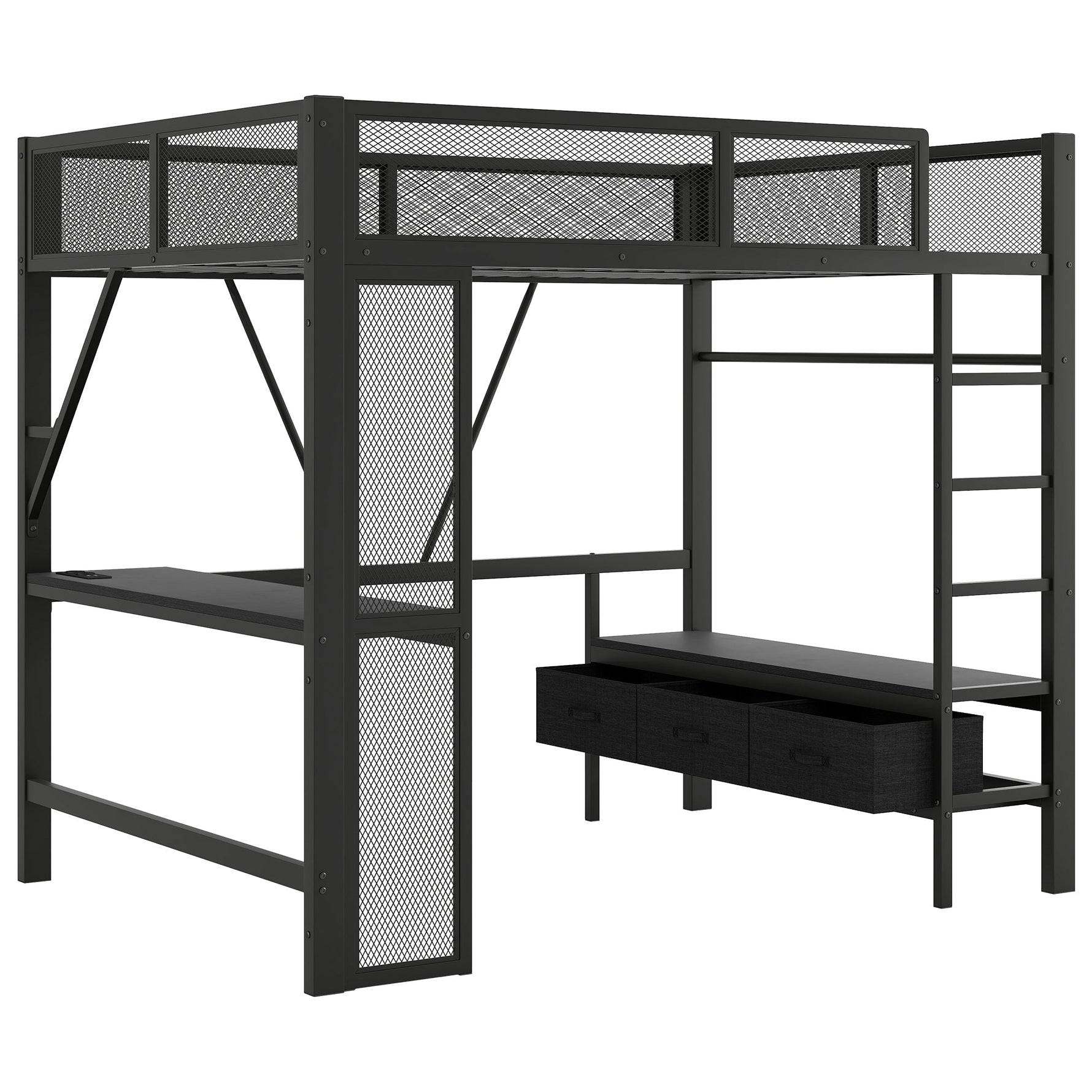 Metal Play Loft Bed with USB, LED, Desk and Wardrobe, 140x200cm, Black Metal