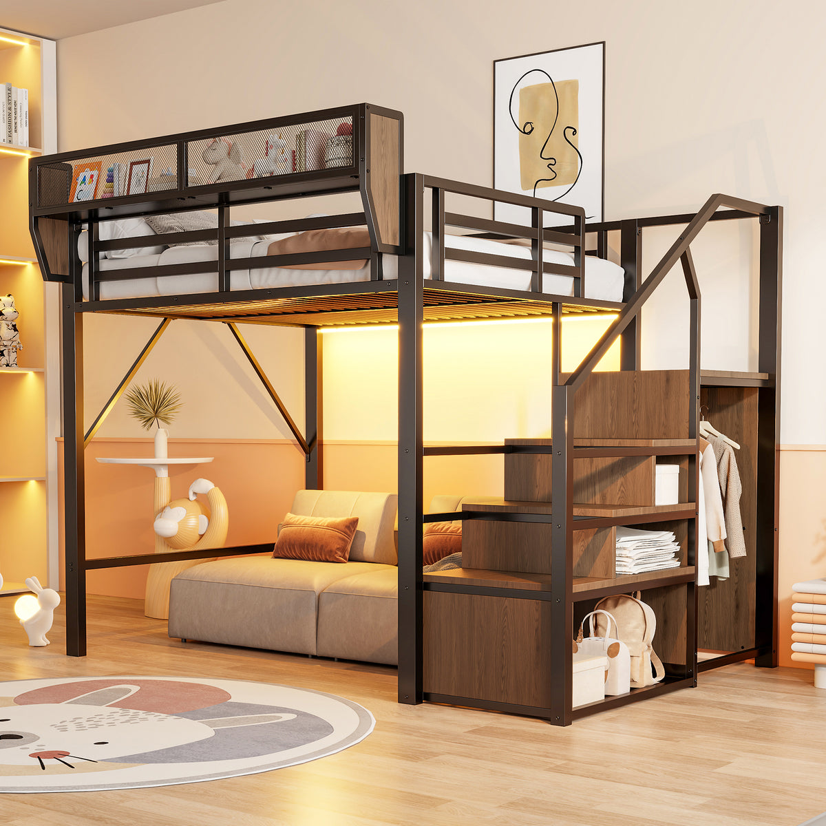 Loft Bed 140x200 with LED Light Strip & Storage, Black