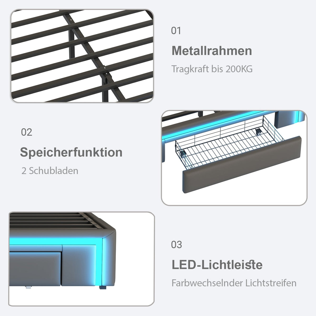 Bed Frame 90x200 Drawers LED Light Metal Slat Platform PU Leather, Grey