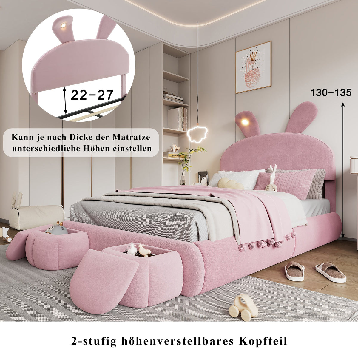 Upholstered Bed Hydraulic Storage, Bunny Ears LED Strips, 140x200cm, Stools, Velvet Pink