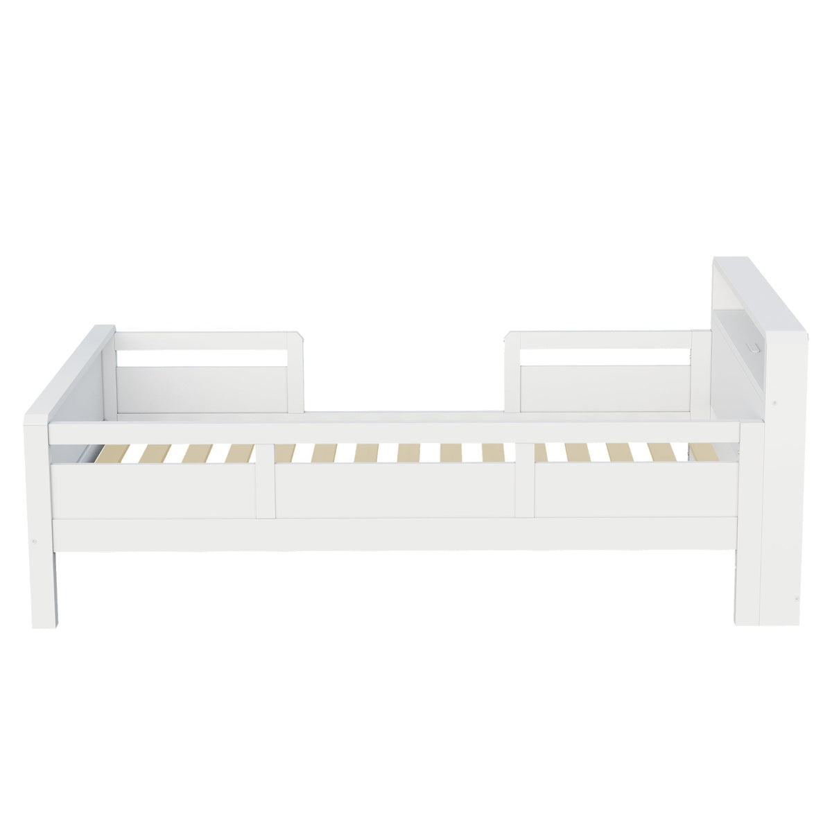 Wooden Bed, 90x200cm Multifunctional with USB & LED, Pinewood White