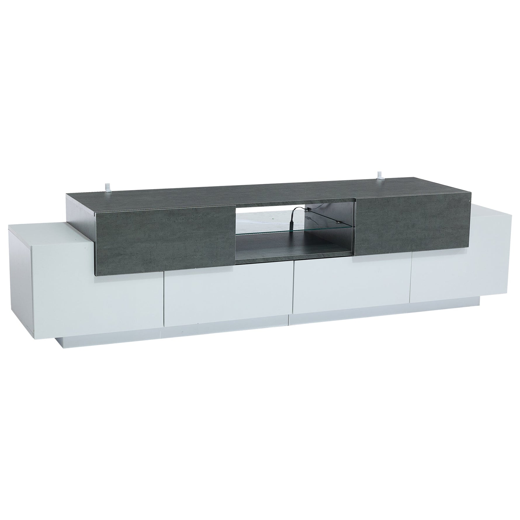 LED TV Cabinet, Entertainment Center with Glass Shelves, White+Gray