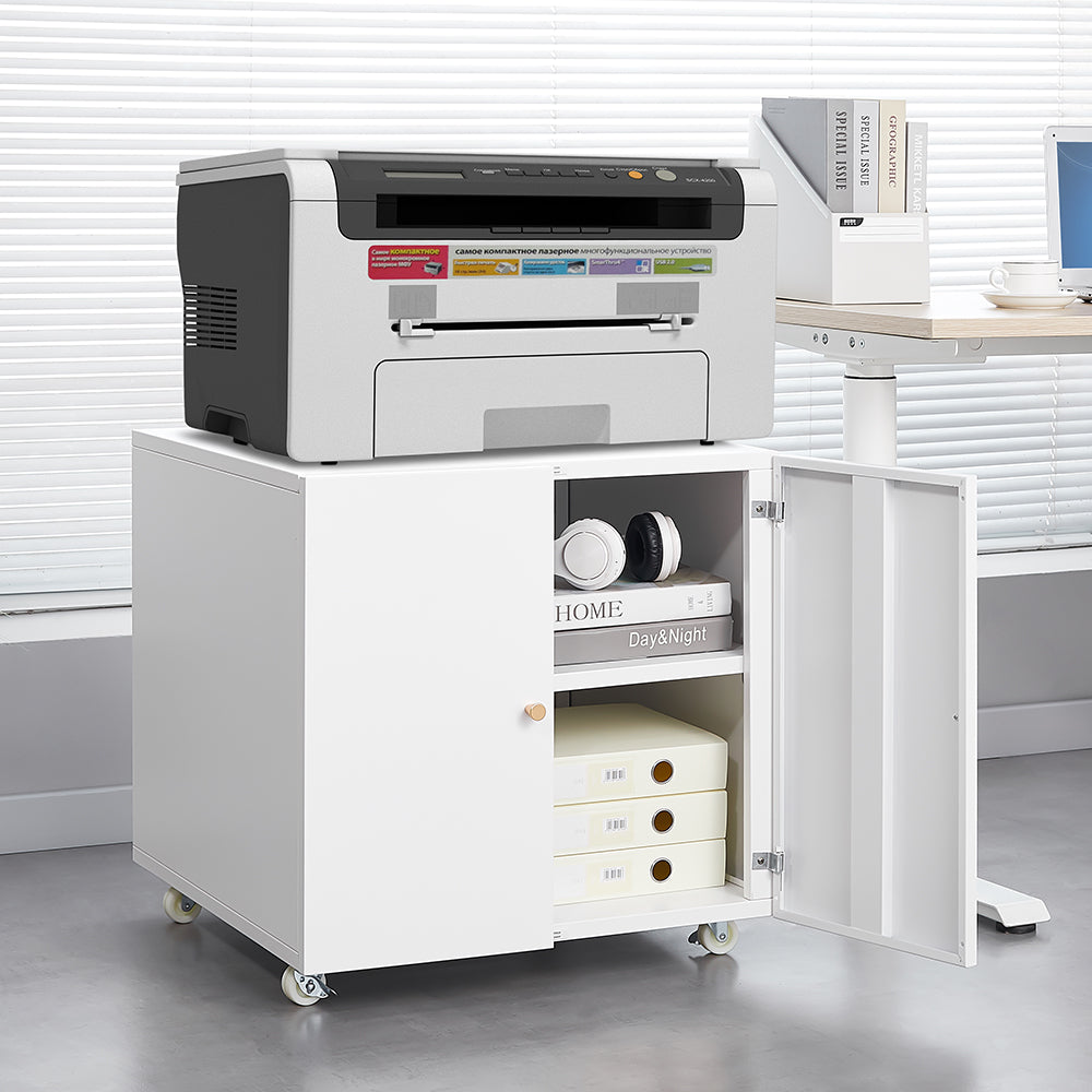 Metal Printer Stand - Mobile Storage, Adjustable Shelf, File Cabinet - White
