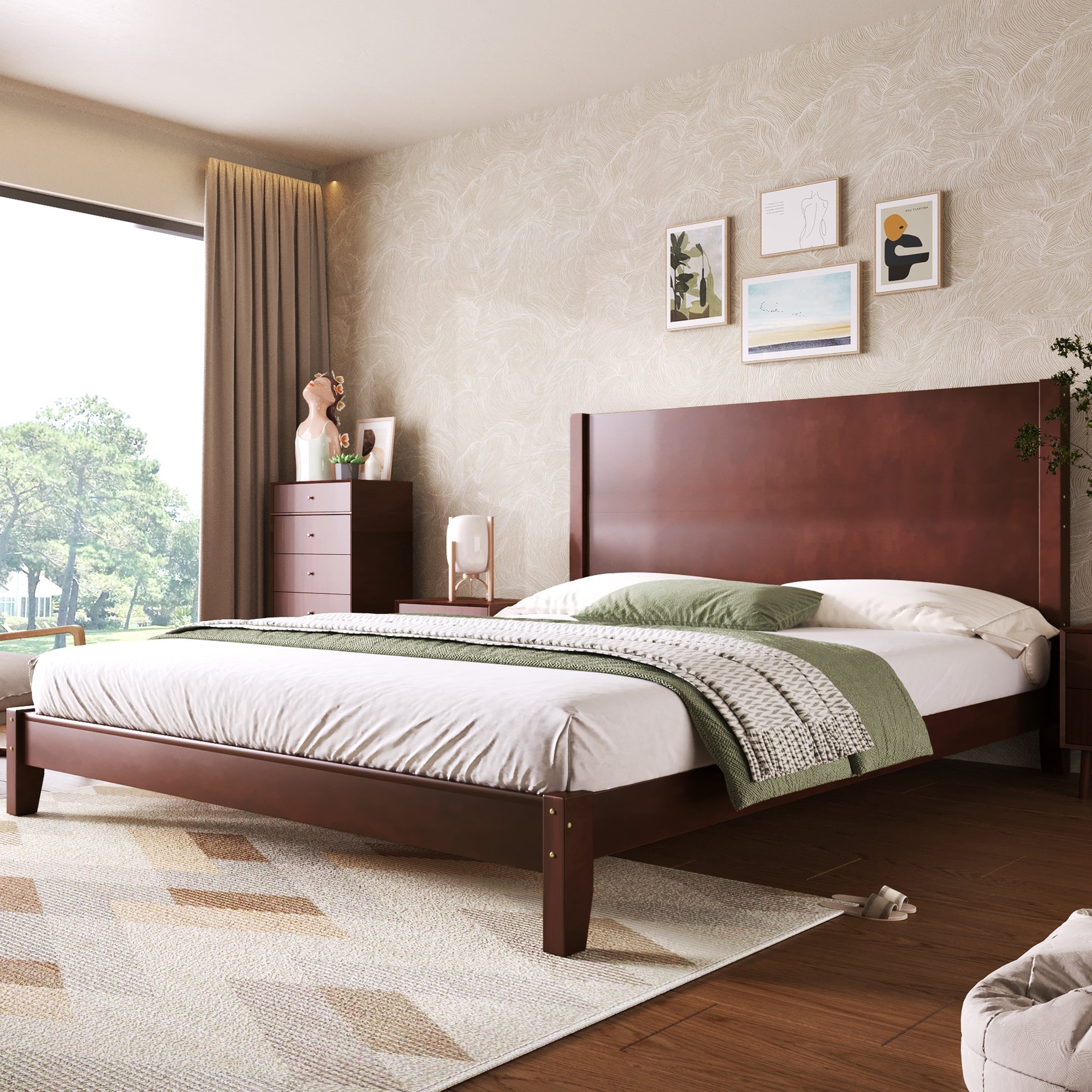 Platform Bed with Headboard and Slatted Base, 160x200cm, Brown