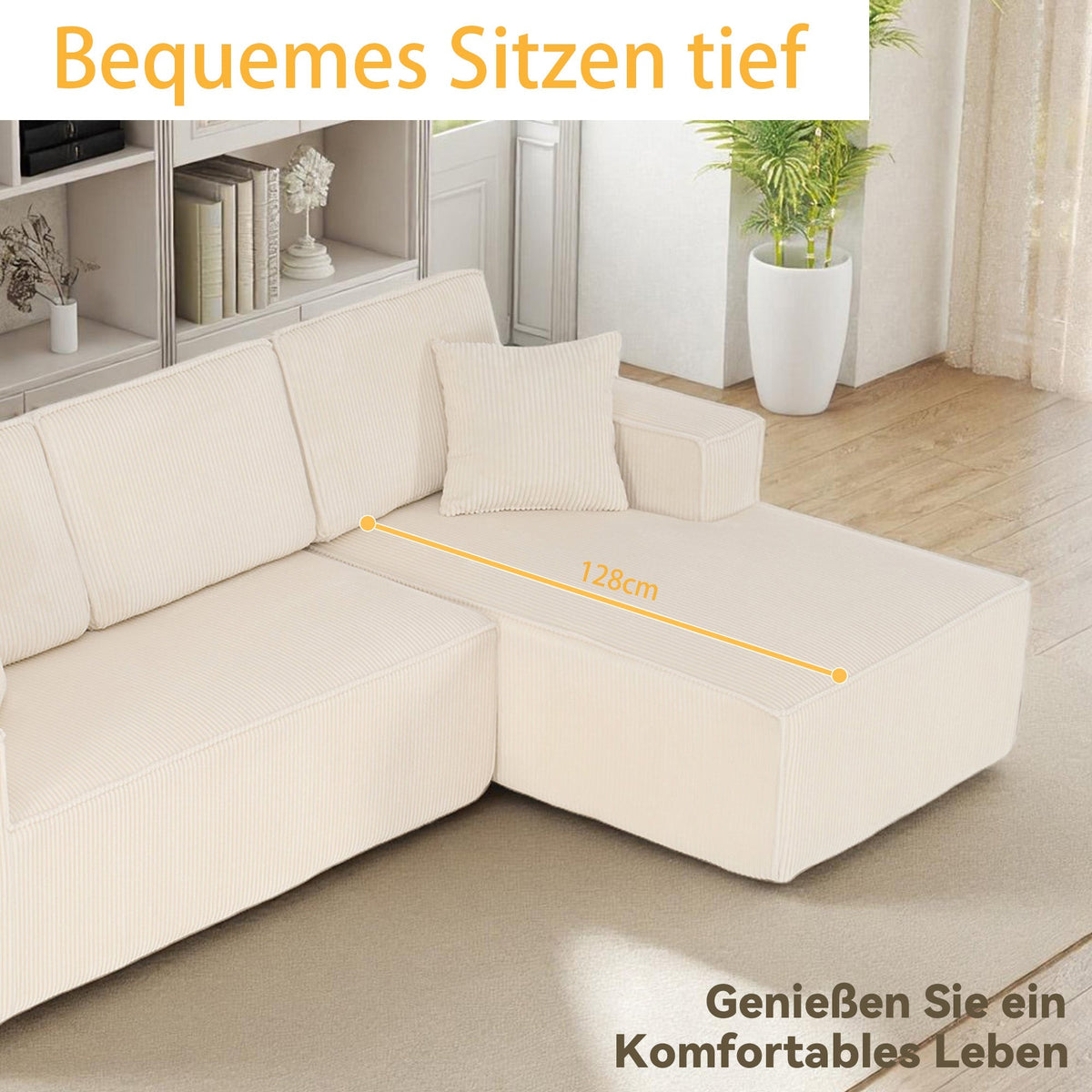Modular L-shaped Corner Sofa 2-Seater Chaise Longue Corduroy Beige