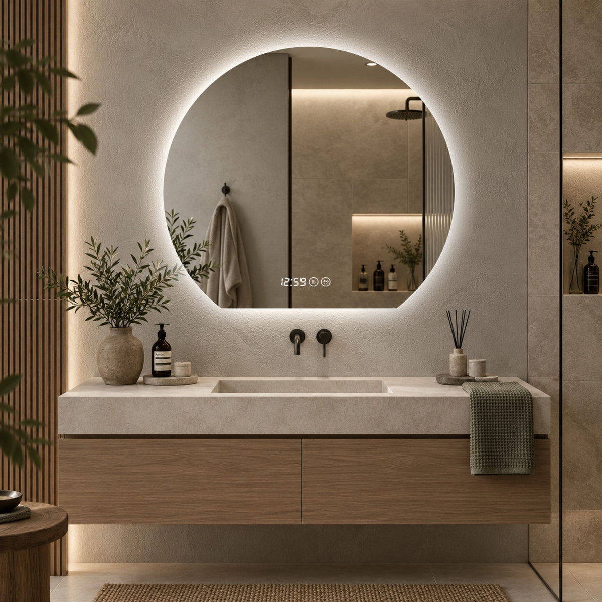 LED Bathroom Mirror 80 cm, Dimmable Anti-Fog Clock, Silver Glass