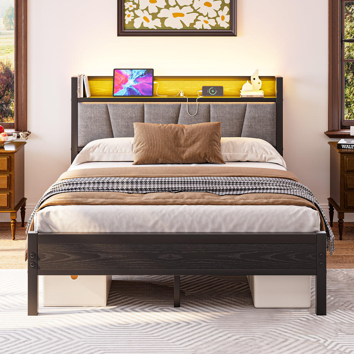 Bed Frame 140x190cm with LED Light & USB Station, Metal