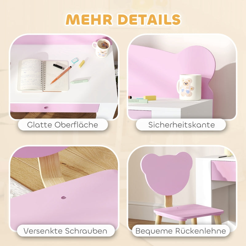 AIYAPLAY Children's Desk Set with Table Top & Drawer, Bear Shape, Pink