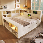 Storage Bed 140x200 with Pull-Out Bed & USB Ports, White Wood