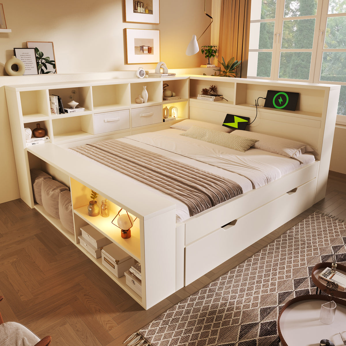 Storage Bed 140x200 with Pull-Out Bed & USB Ports, White Wood