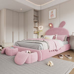Upholstered Bed Hydraulic Storage, Bunny Ears LED Strips, 140x200cm, Stools, Velvet Pink
