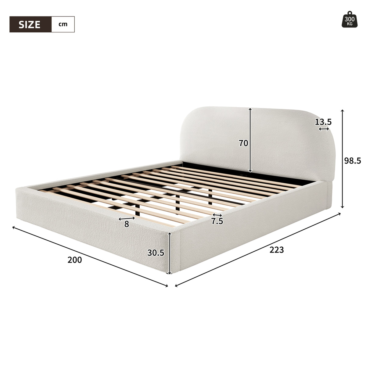 Upholstered Double Bed 180x200cm Slatted Base, Beige Bouclé