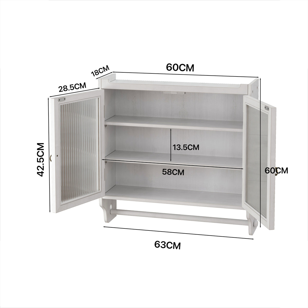 60cm Glass Door Vintage Double Door Wall Cabinet, Three Tiers, Towel Rack, White Washed