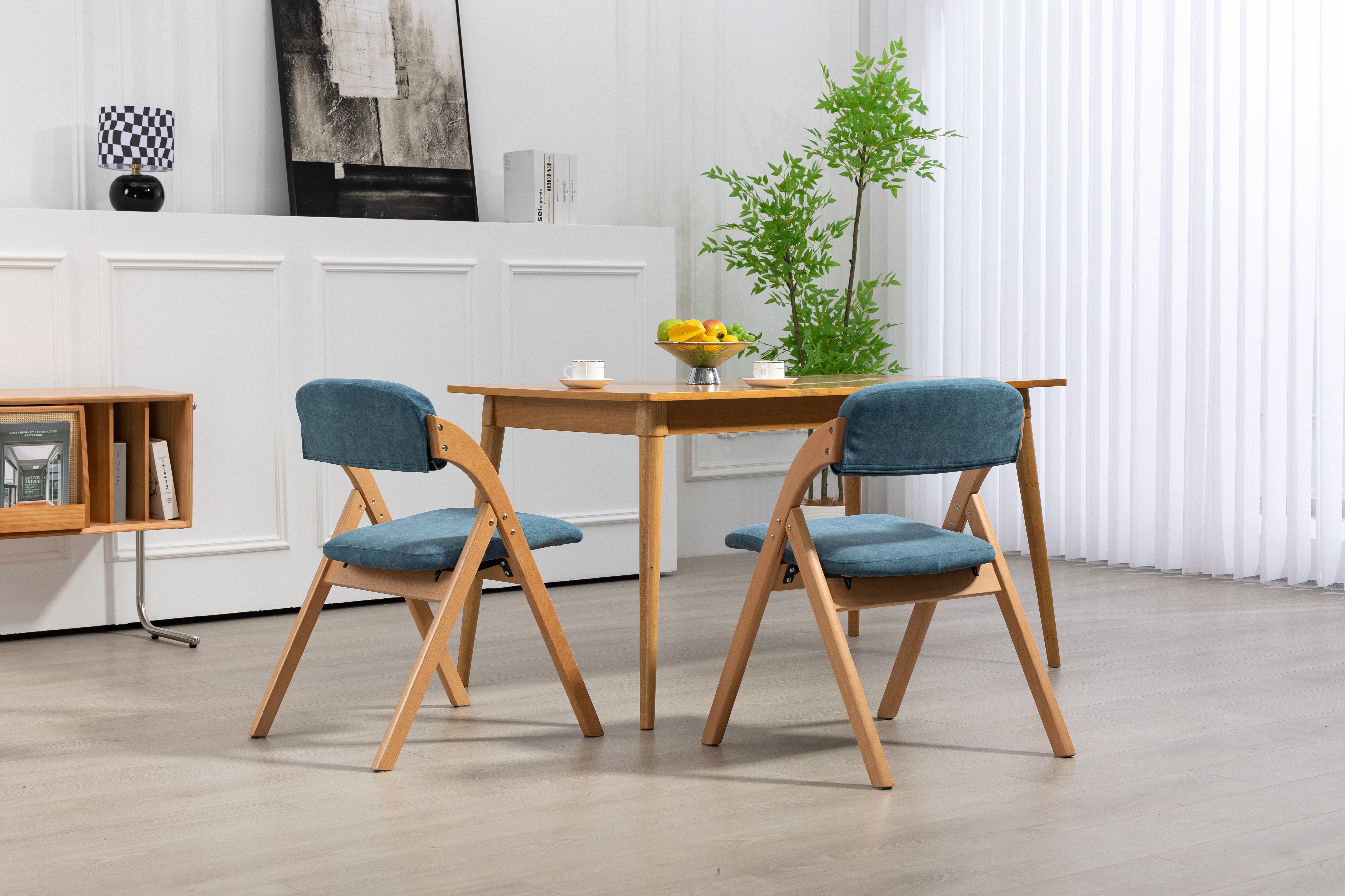 Folding Dining Chairs Set of 2 Stackable Wooden Padded Seats Blue