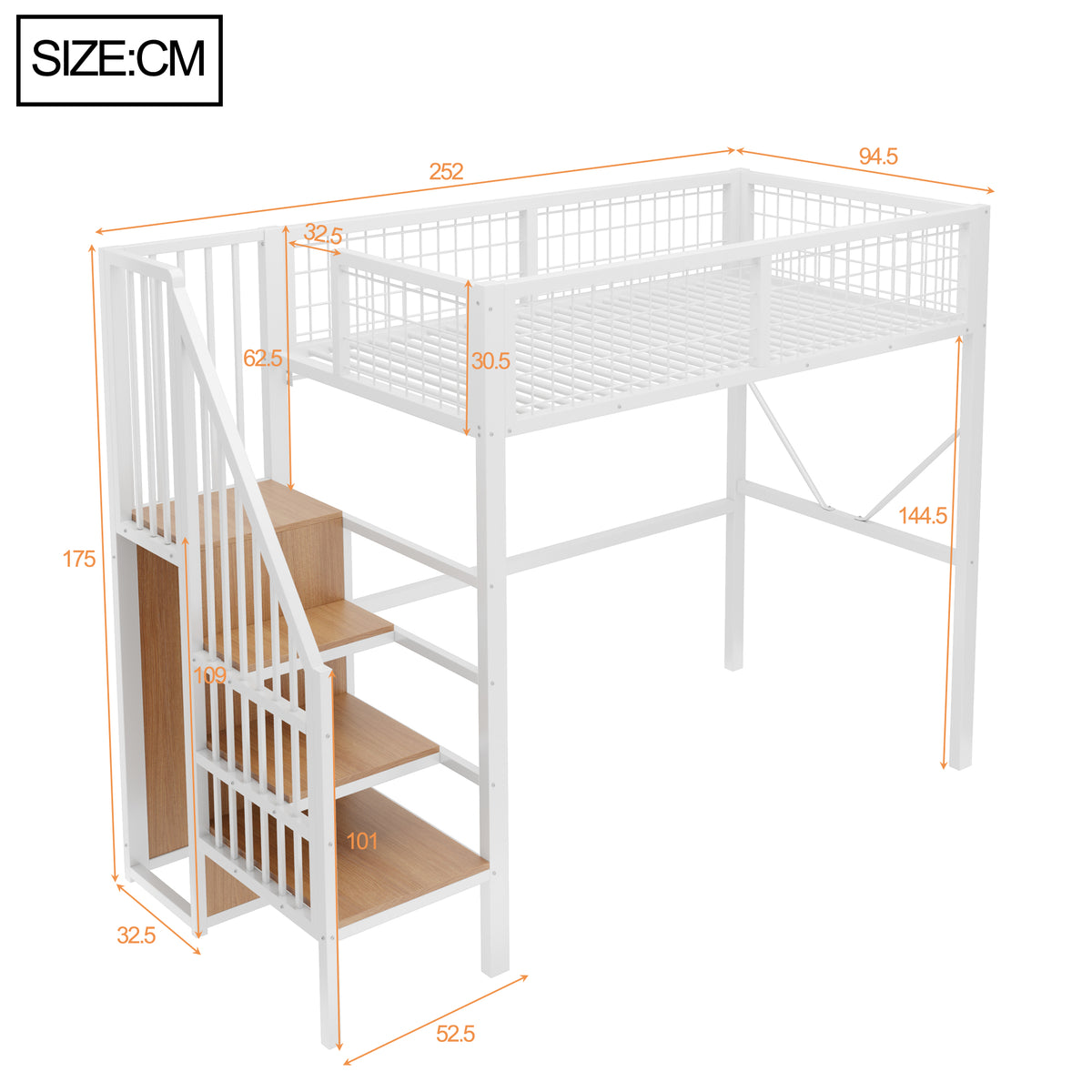 Loft Bed 90x200 cm with Ladder, Storage & LED Light, White Metal