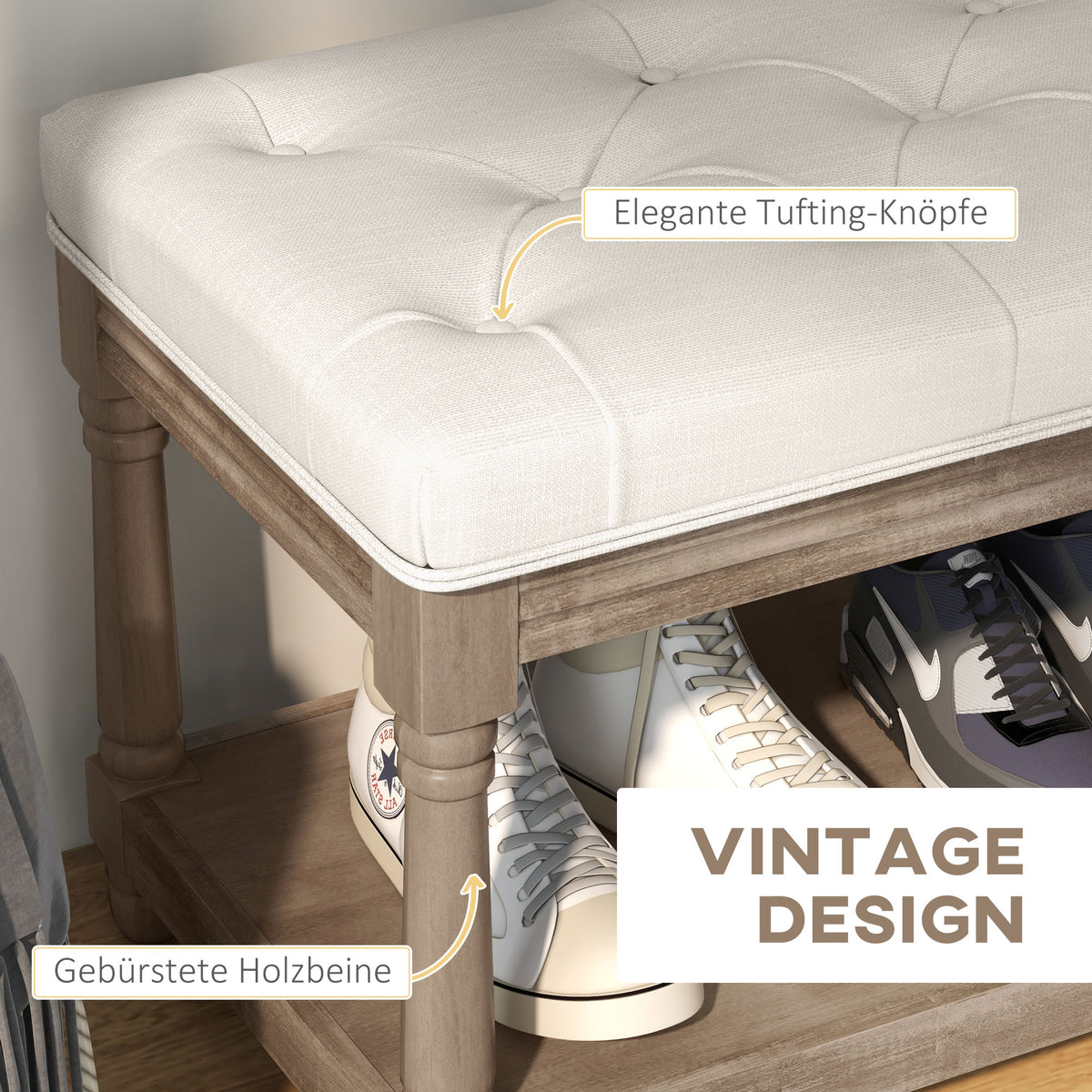 Shoe Bench, Padded Seat, Shoe Rack, Cream