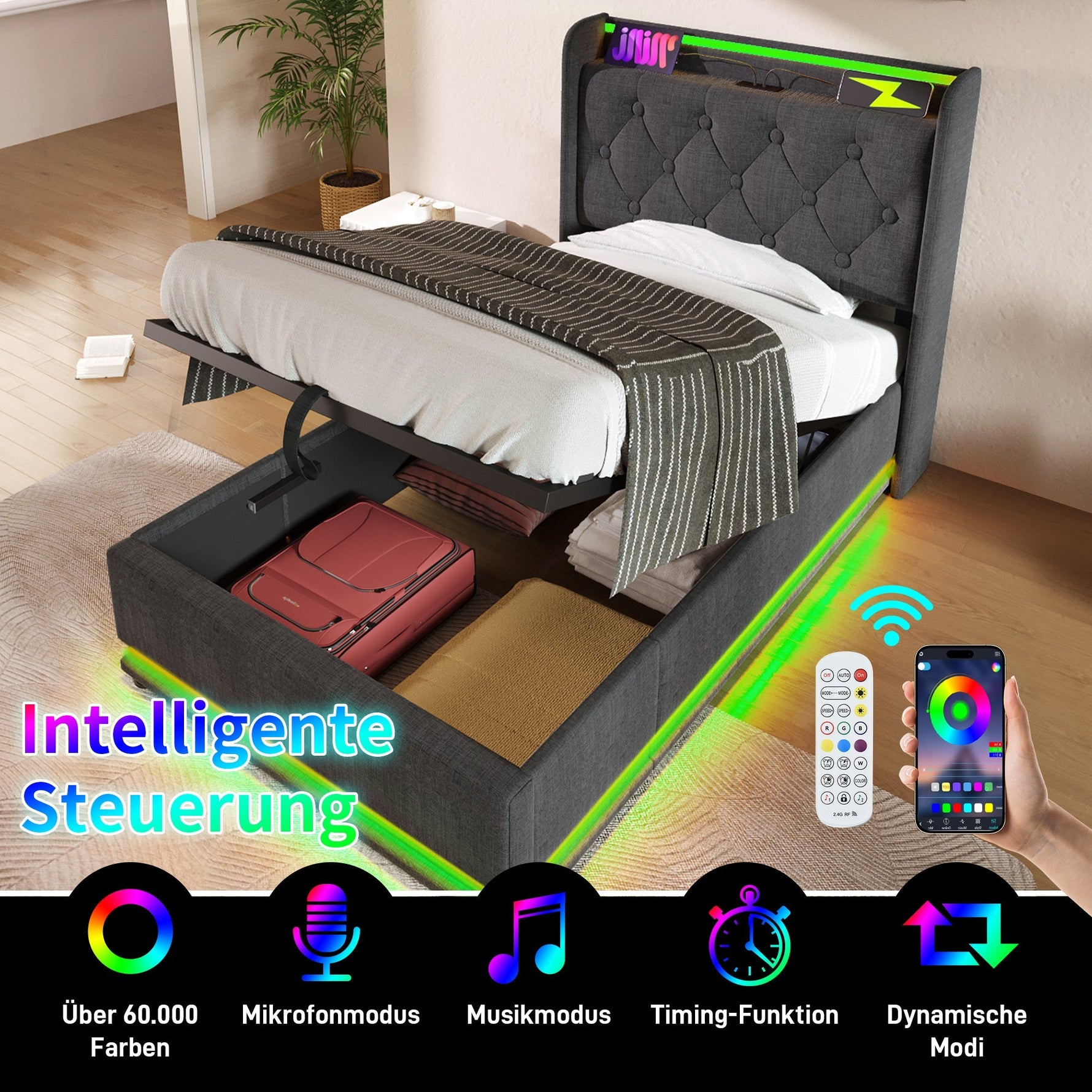 Upholstered Single Bed, Hydraulic Storage LED USB-C Headboard 90x200 cm, Grey Linen
