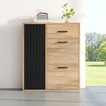 Modern Shoe Cabinet, Adjustable Shelves 1 Drawer 2 Drop-Down Doors, Black and Natural Tones