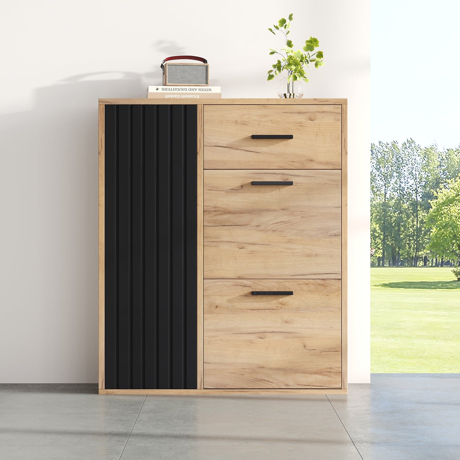 Modern Shoe Cabinet, Adjustable Shelves 1 Drawer 2 Drop-Down Doors, Black and Natural Tones