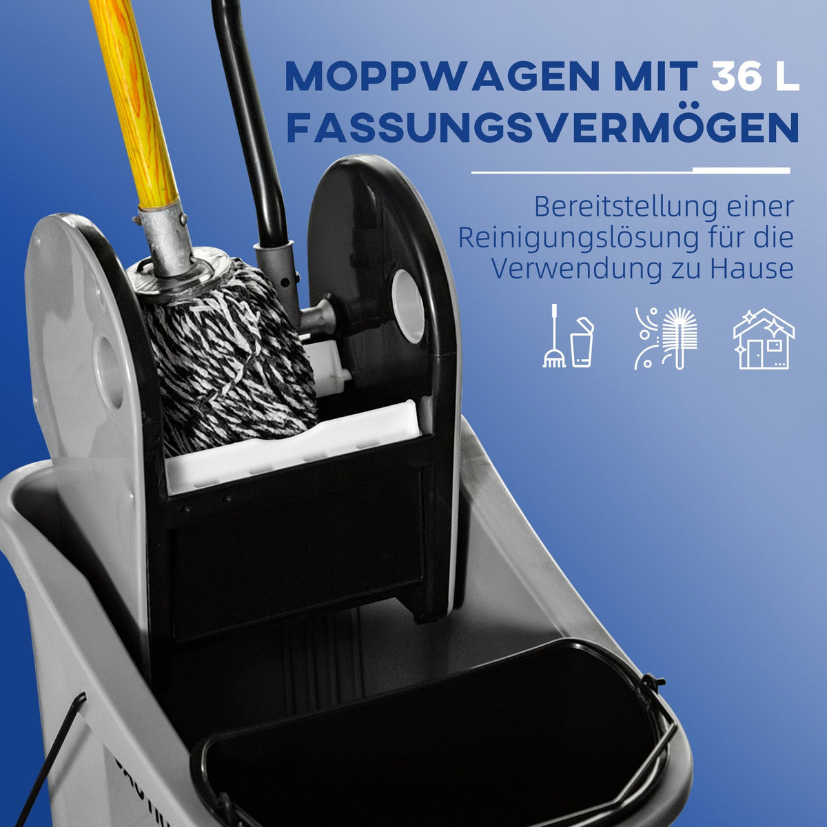 Cleaning Cart with Wringing Device, 36 Liters, Grey