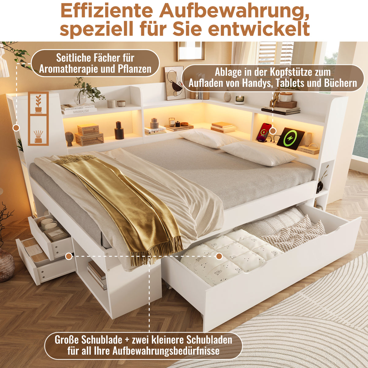 Functional Daybed 140x200cm with LED Light & Storage Drawers, White