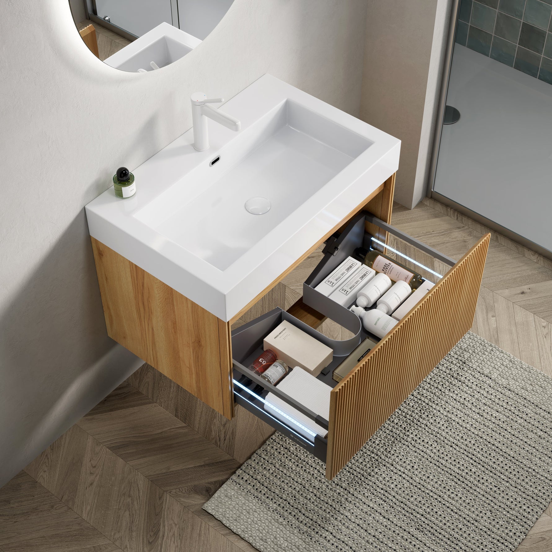 Wall-Mounted Bathroom Vanity Unit with Resin Basin and Drawer, Natural Wood Grain