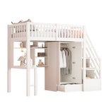 Loft Bed with Wardrobe, Shelf, Table & Storage Stairs, Wooden, White