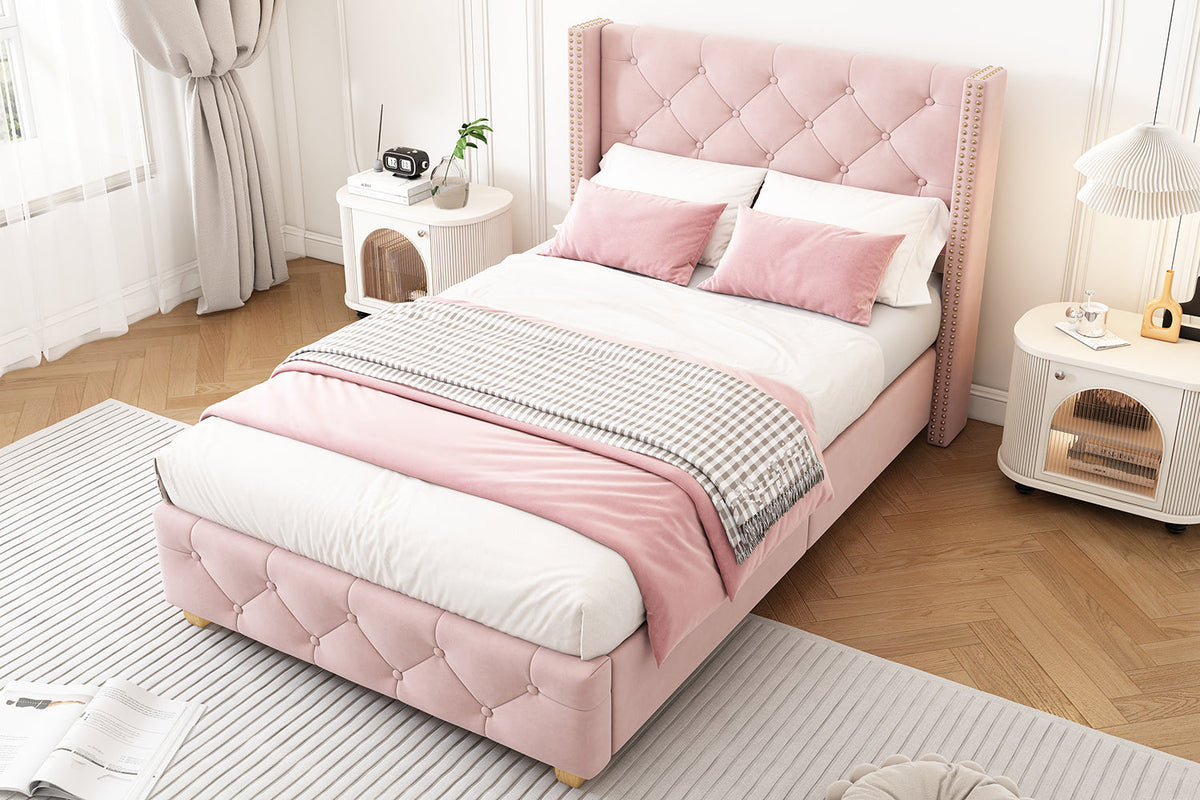 Upholstered Bed 90x200cm Headboard Button Studded Slatted Frame - Velvet Pink