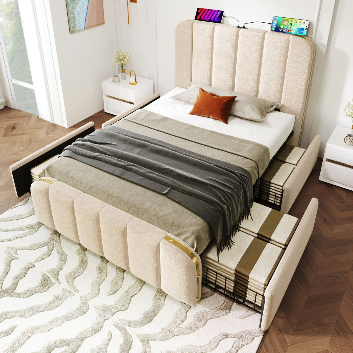 Upholstered Single Bed, USB Type-C Charging, 90x200cm, 4 Drawers, Beige Linen