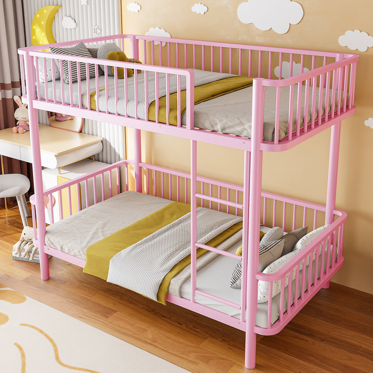 Metal Bunk Bed 90x200 with Safety Railing, Space-Saving, Black, Pink