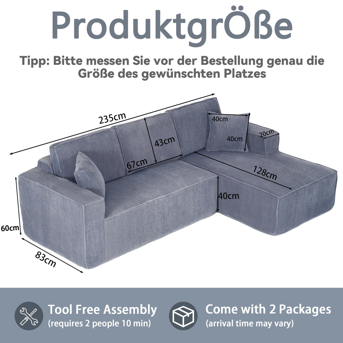 Modular L-Shaped Sofa with Chaise Longue and High-Density Foam, Gray Corduroy