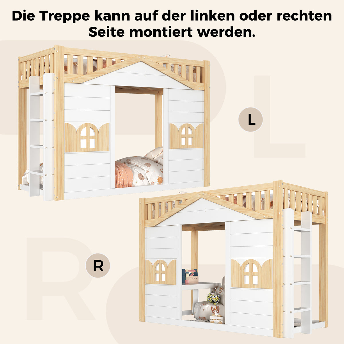 House Bunk Bed 90x200cm Loft Bed with Window, White & Natural Wood
