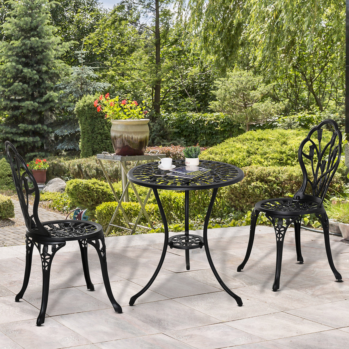 2-Person Outdoor Seating Set with Table & Chairs, Black Aluminum