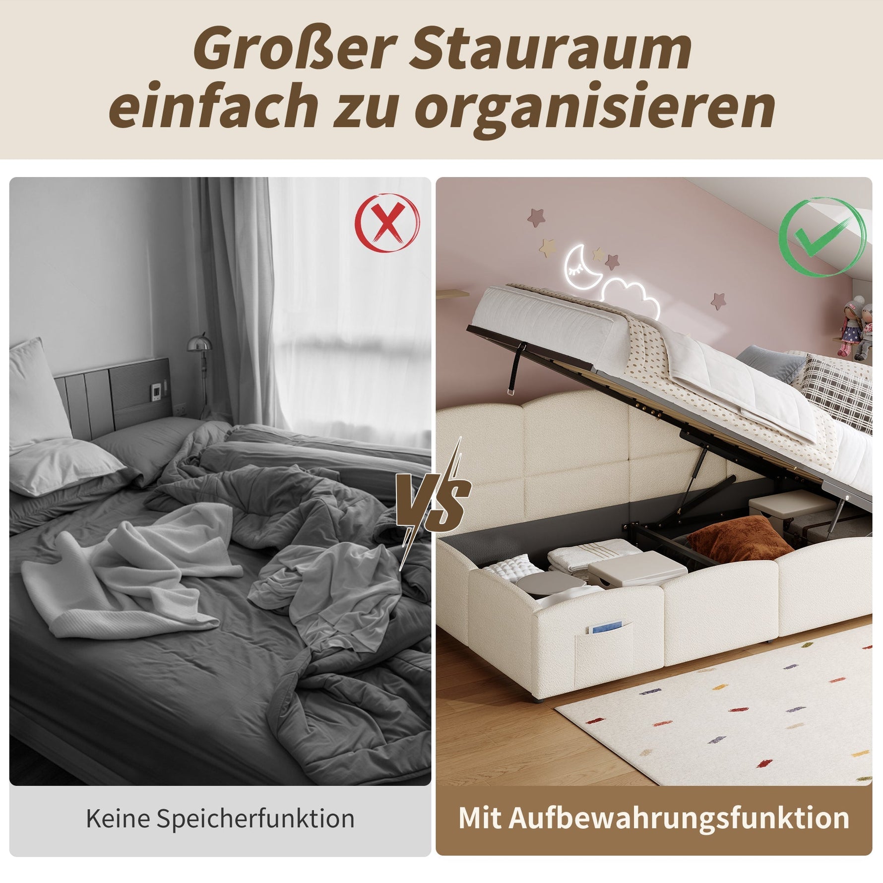 Upholstered Single Bed with USB Charger and Storage Bag, 90x200 cm, Beige Bouclé