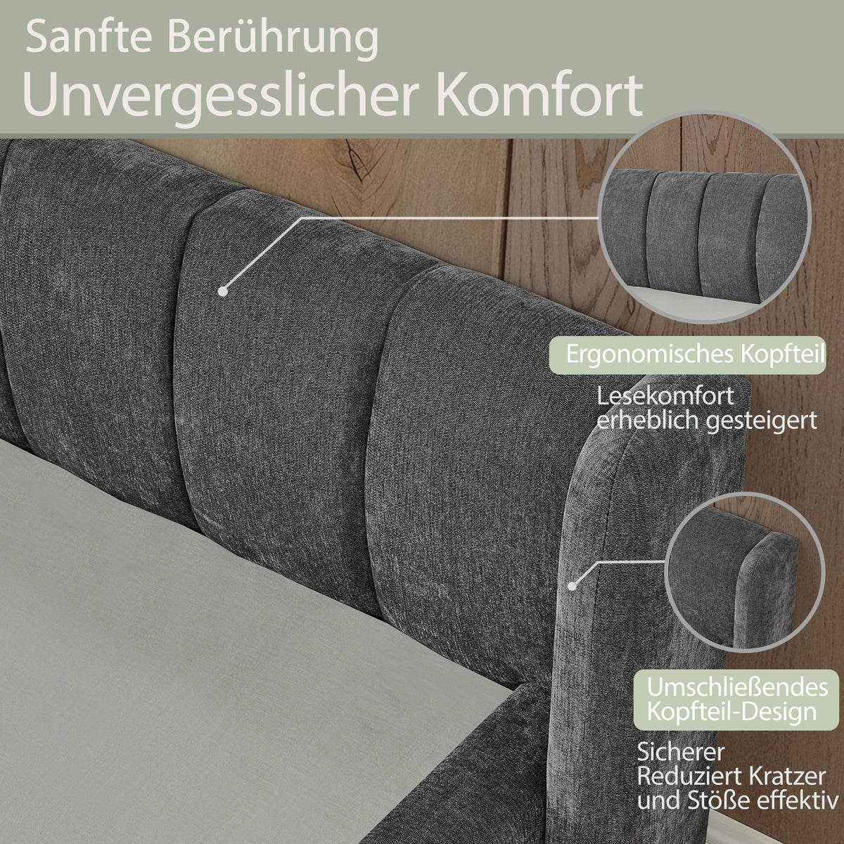 Single Bed 90x200 cm with Backrest, Dark Grey Chenille
