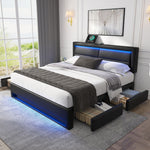 Upholstered Bed 140x190cm LED Light USB Charging 4 Storage Drawers Lychee PU Black