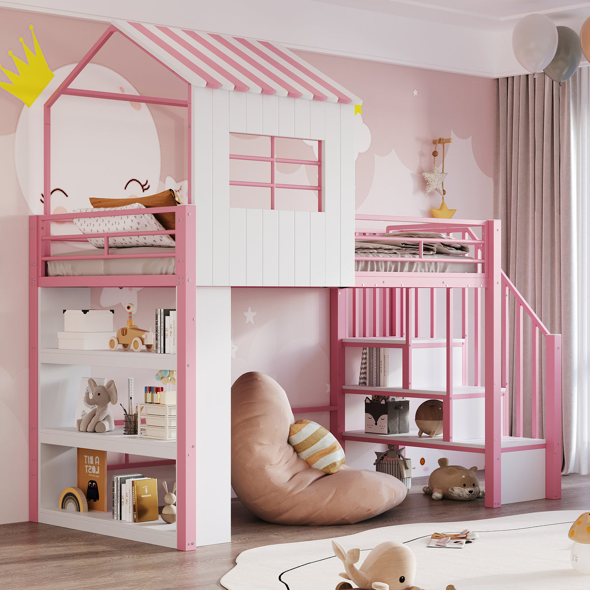 House Loft Bed 90x200cm with Storage Shelf & Stairs, Pink Iron