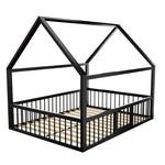 Metal Bed Frame 140x200 cm with House Trim & Railing, Black