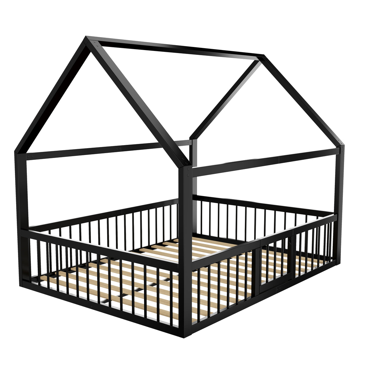 Metal Bed Frame 140x200 cm with House Trim & Railing, Black