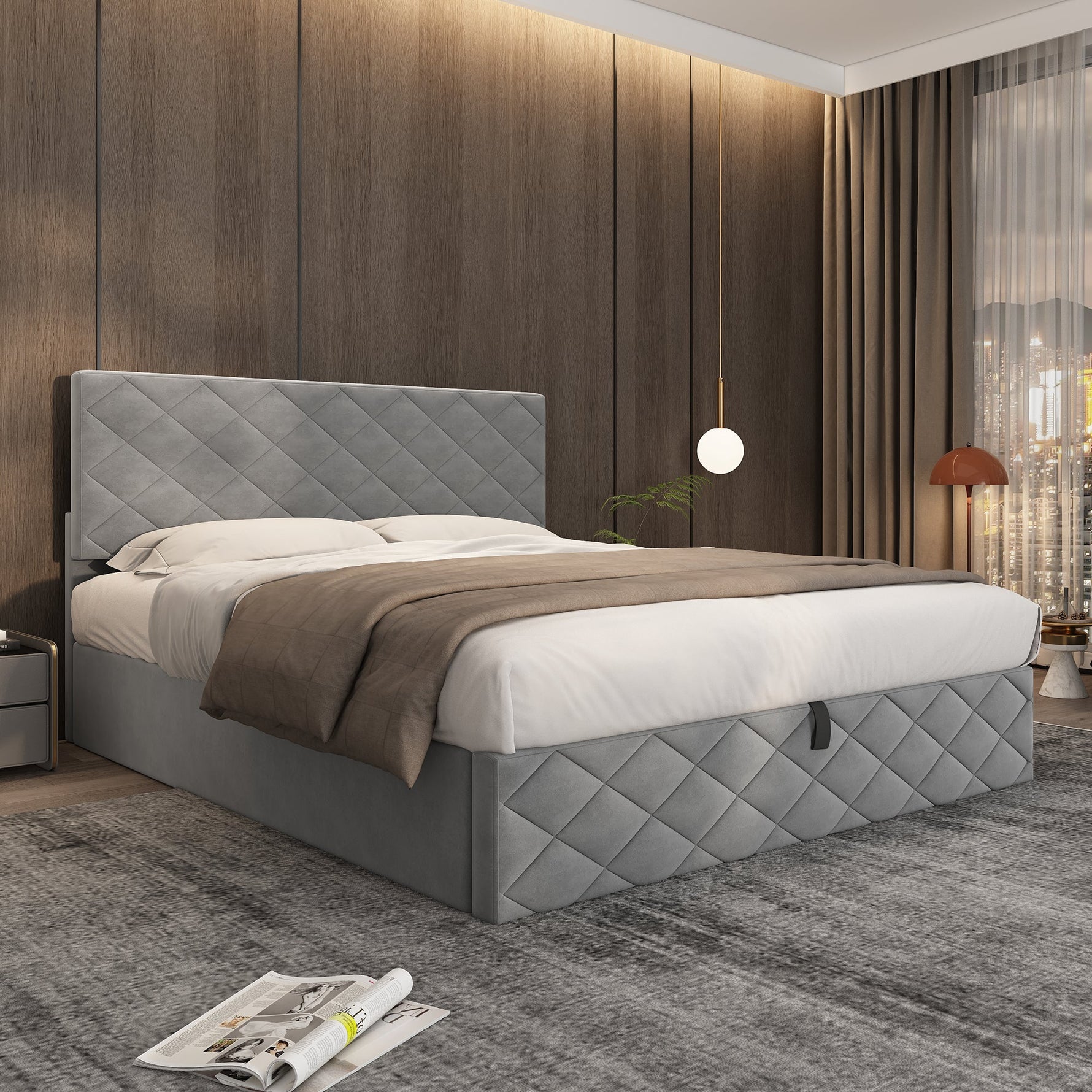Upholstered Bed with Hydraulic Slatted Frame and Storage, 140x200cm, Grey