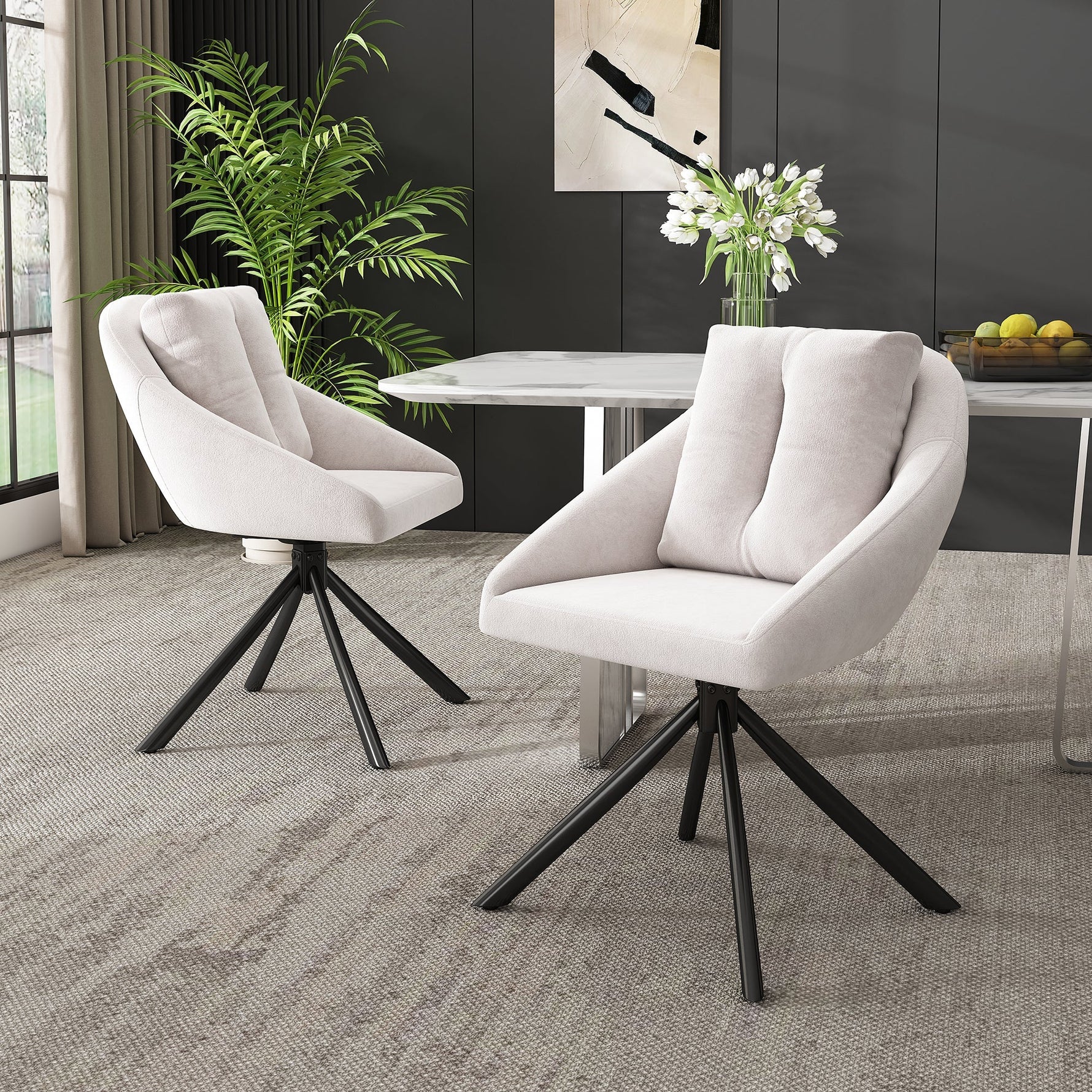 Swivel Dining Chair Modern Ergonomic - Beige Velvet