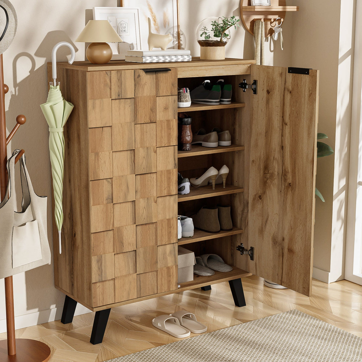 Sideboard Shoe Cabinet with 5 Adjustable Compartments, Wood
