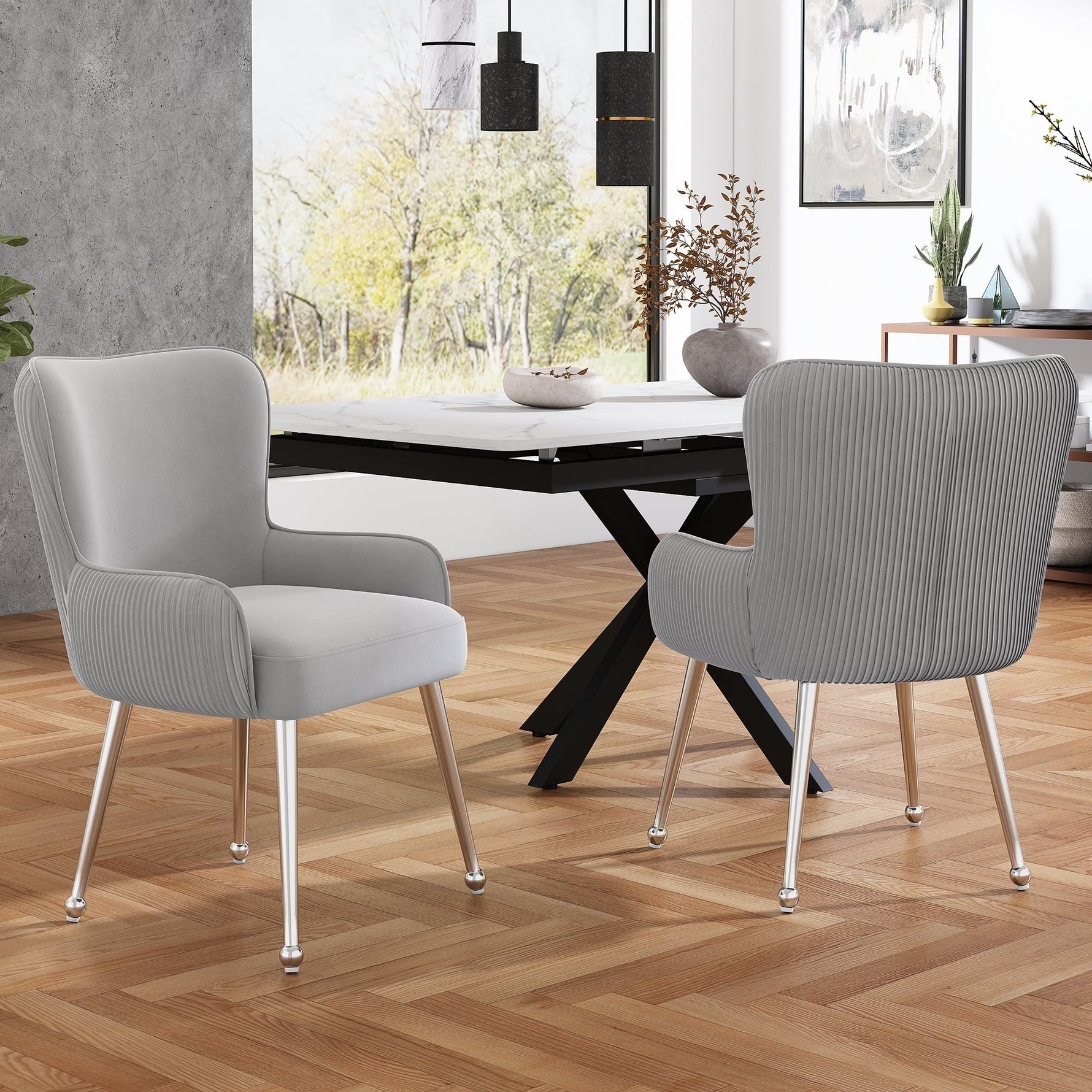Velvet Dining/Lounge Chair Set of 6 Armrests Lumbar Support Adjustable Feet - Grey