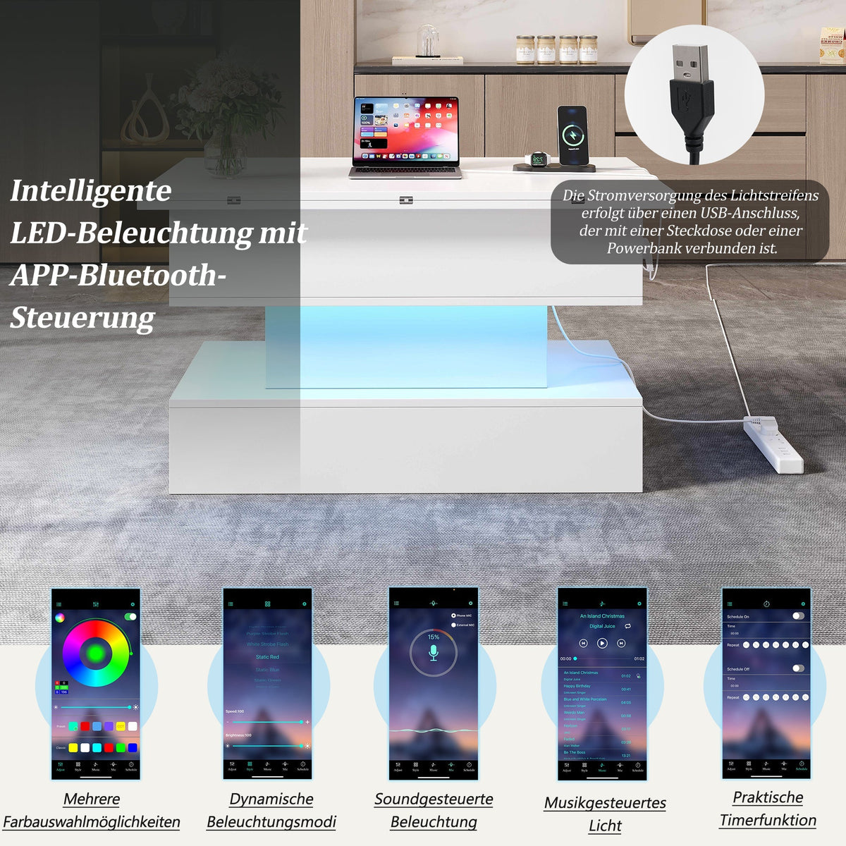 Coffee Table 100x50x51.5cm Lift-Top LED USB Power Outlet Storage, White