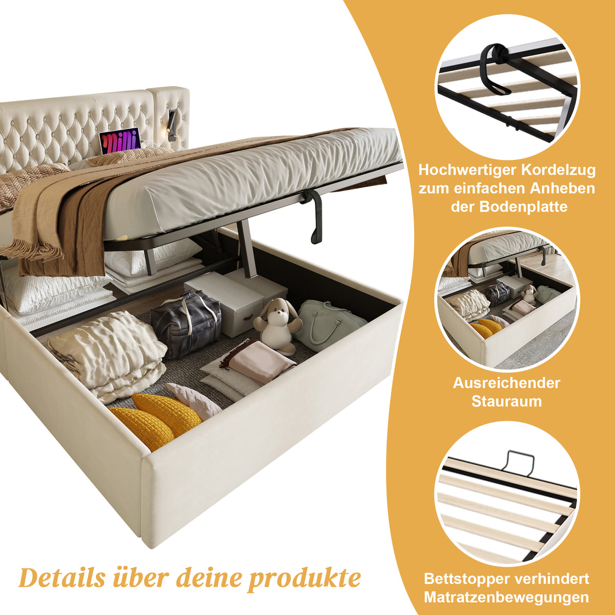 Sofa Bed 90x190cm with Storage, LED & USB, Beige Velvet