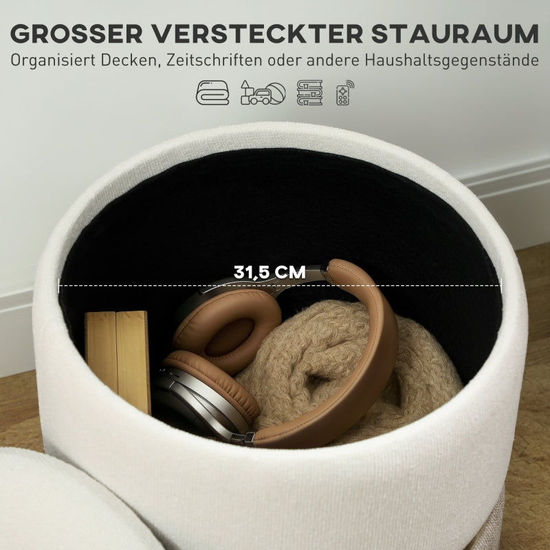 Storage Stool with Lid, Metal Ring, Two-Tone Design, Cream White