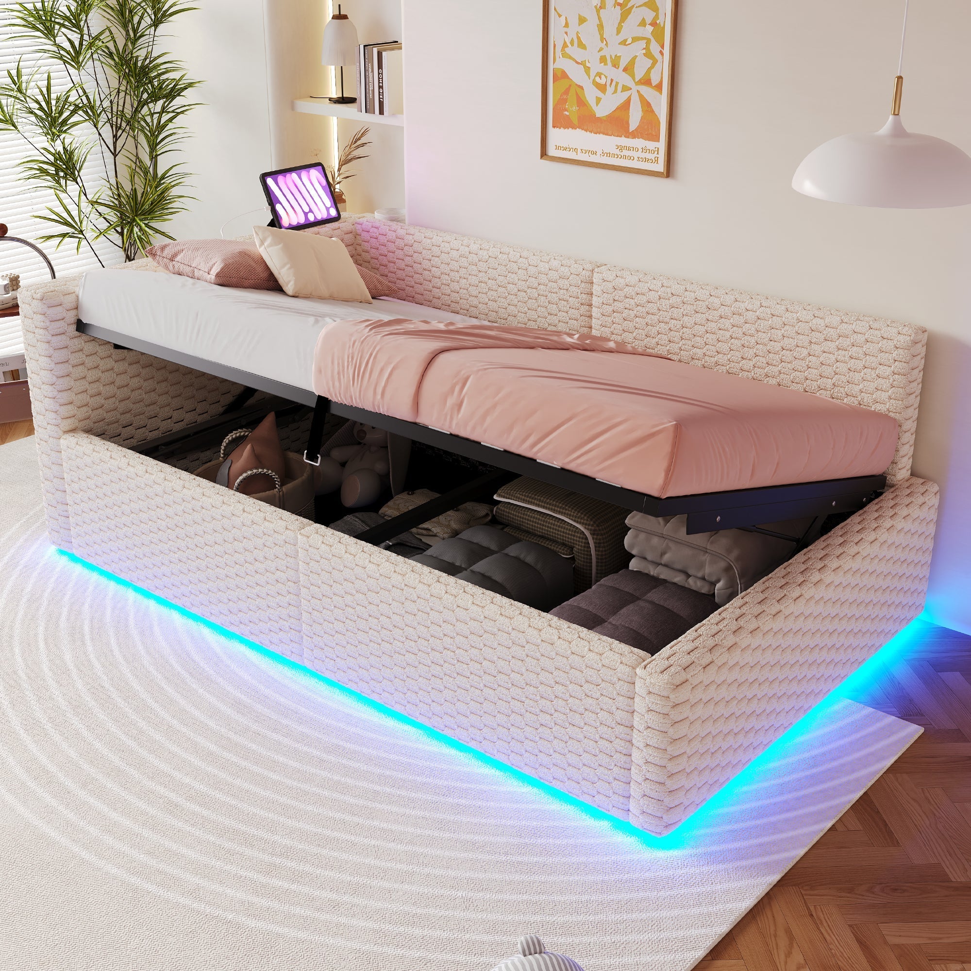 Upholstered Bed 90x200cm with LED Lighting, USB Ports and Hydraulic Storage, Beige Velvet